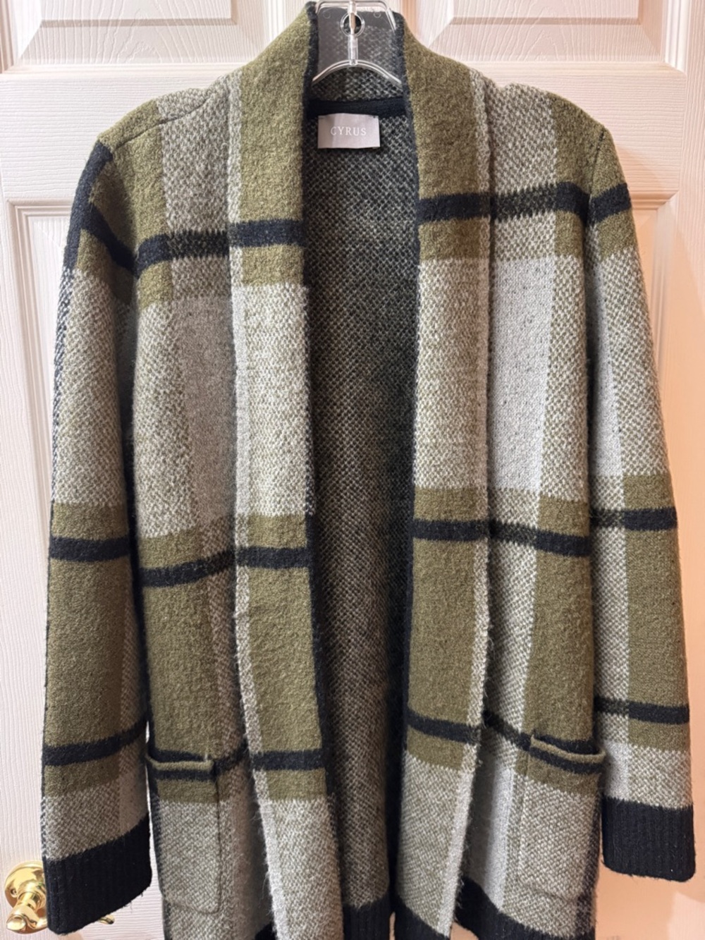 Cyrus Olive & Gray Plaid Open-Front Cardigan